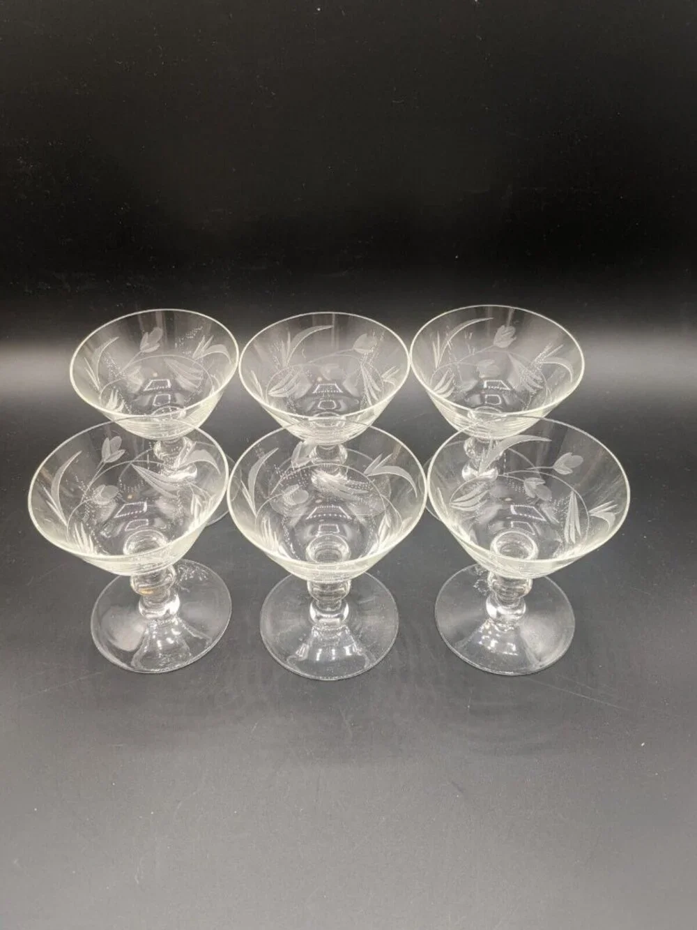 Vtg Cocktail Glasses Champagne Sherbets Set of 6 Clear Etched Floral 4 oz NOS